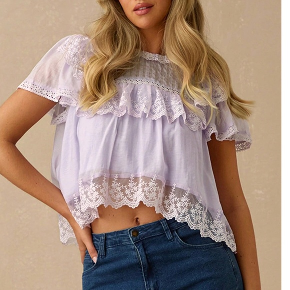 Boho Lace Ruffled Butterfly Sleeve Loose Fit Short Sleeve Blouse - Picture 3 of 5